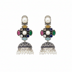 Oxidized Silver Multicolor Navratna Jhumka Earrings - White Background