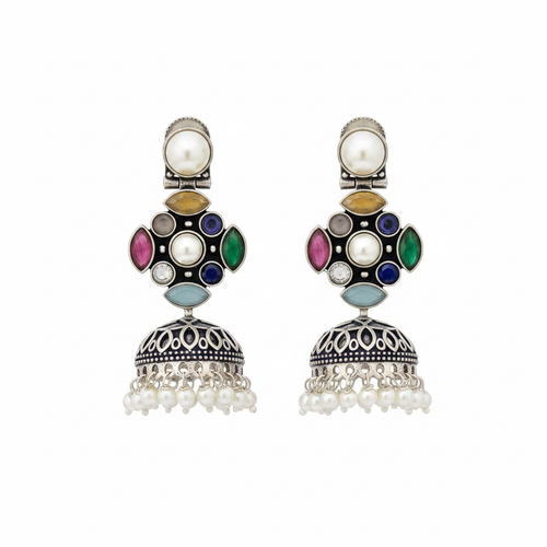 Oxidized Silver Multicolor Navratna Jhumka Earrings - White Background