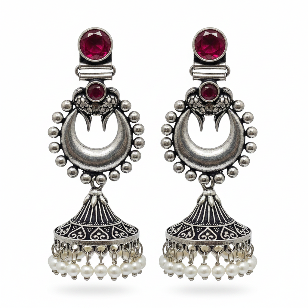 Oxidized Silver Ruby Chandbali Jhumka Earrings - White Background