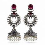 Oxidized Silver Ruby Chandbali Jhumka Earrings - White Background