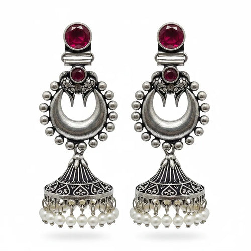 Oxidized Silver Ruby Chandbali Jhumka Earrings - White Background