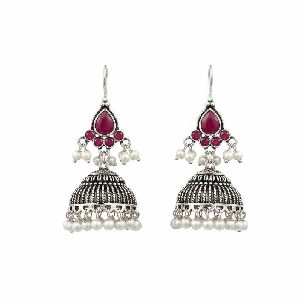 Oxidized Silver Ruby Hook Jhumka Earrings - White Background