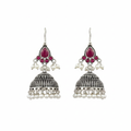 Oxidized Silver Ruby Hook Jhumka Earrings - White Background