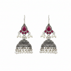 Oxidized Silver Ruby Hook Jhumka Earrings - White Background