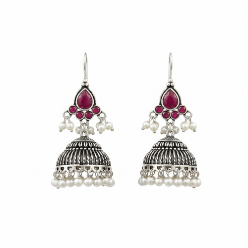 Oxidized Silver Ruby Hook Jhumka Earrings - White Background