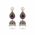 Oxidized Silver Ruby Jhumka Earrings - White Background