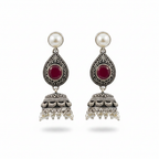 Oxidized Silver Ruby Jhumka Earrings - White Background
