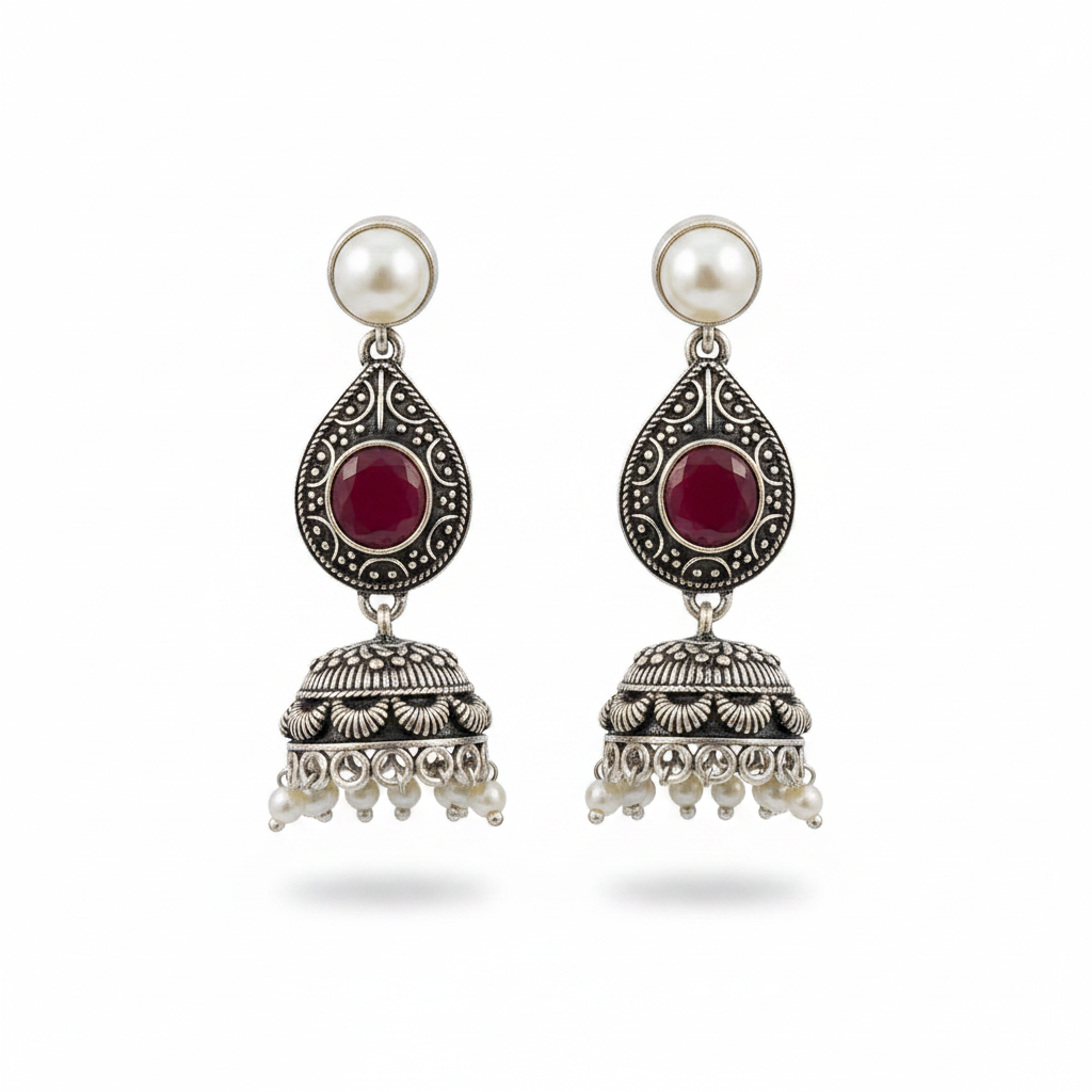 Oxidized Silver Ruby Jhumka Earrings - White Background