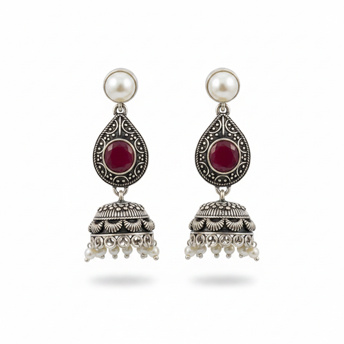 Oxidized Silver Ruby Jhumka Earrings - White Background