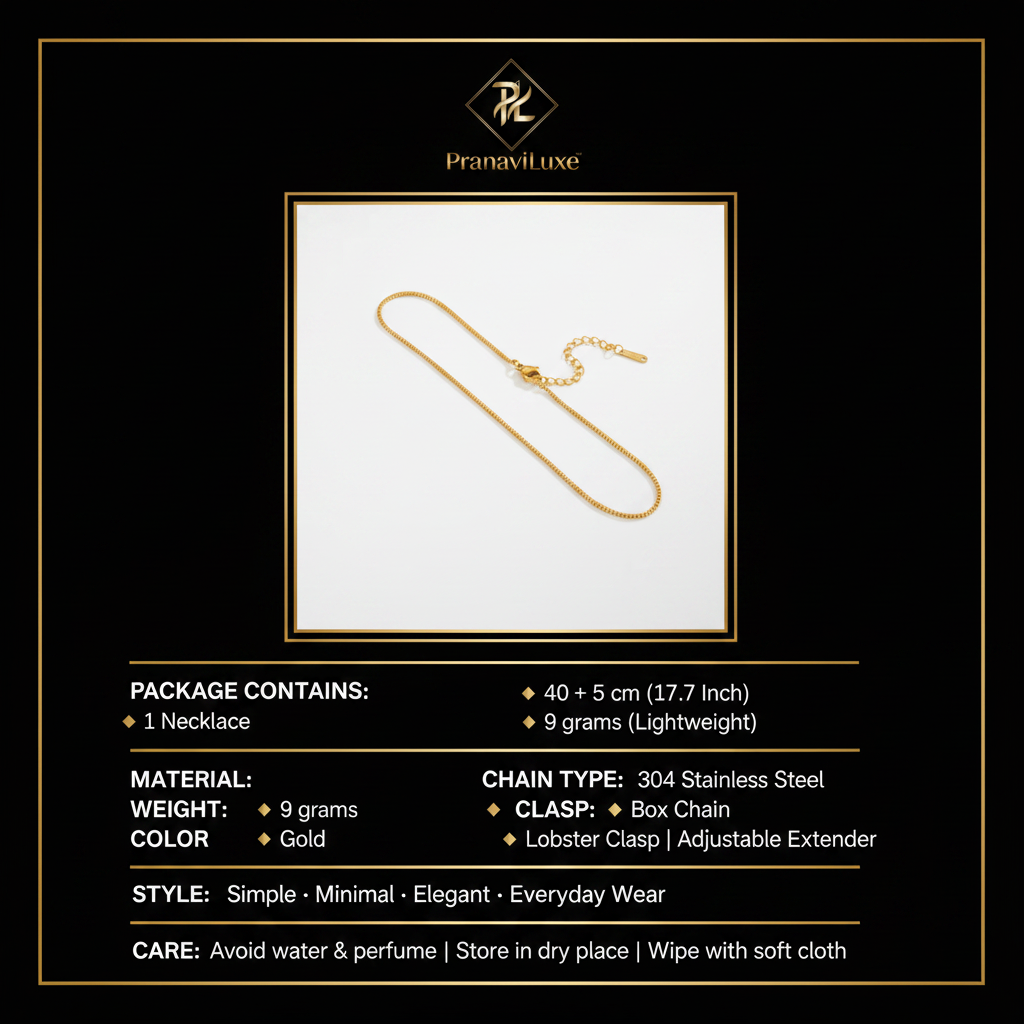 PranaviLuxe 18K Gold Box Chain Necklace Infographic