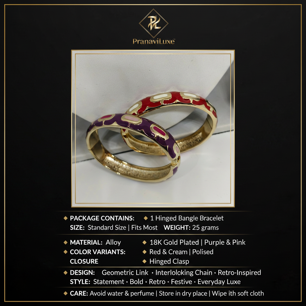 PranaviLuxe 18K Gold Geometric Link Enamel Hinged Bangle Bracelet Red Cream Purple Pink Infographic