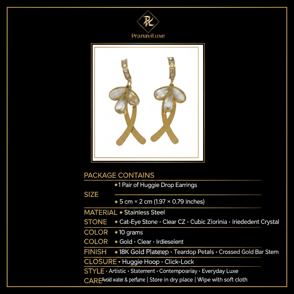 PranaviLuxe 18K Gold Huggie Hoop Abstract Crystal Cat-Eye Teardrop Drop Earrings Infographic