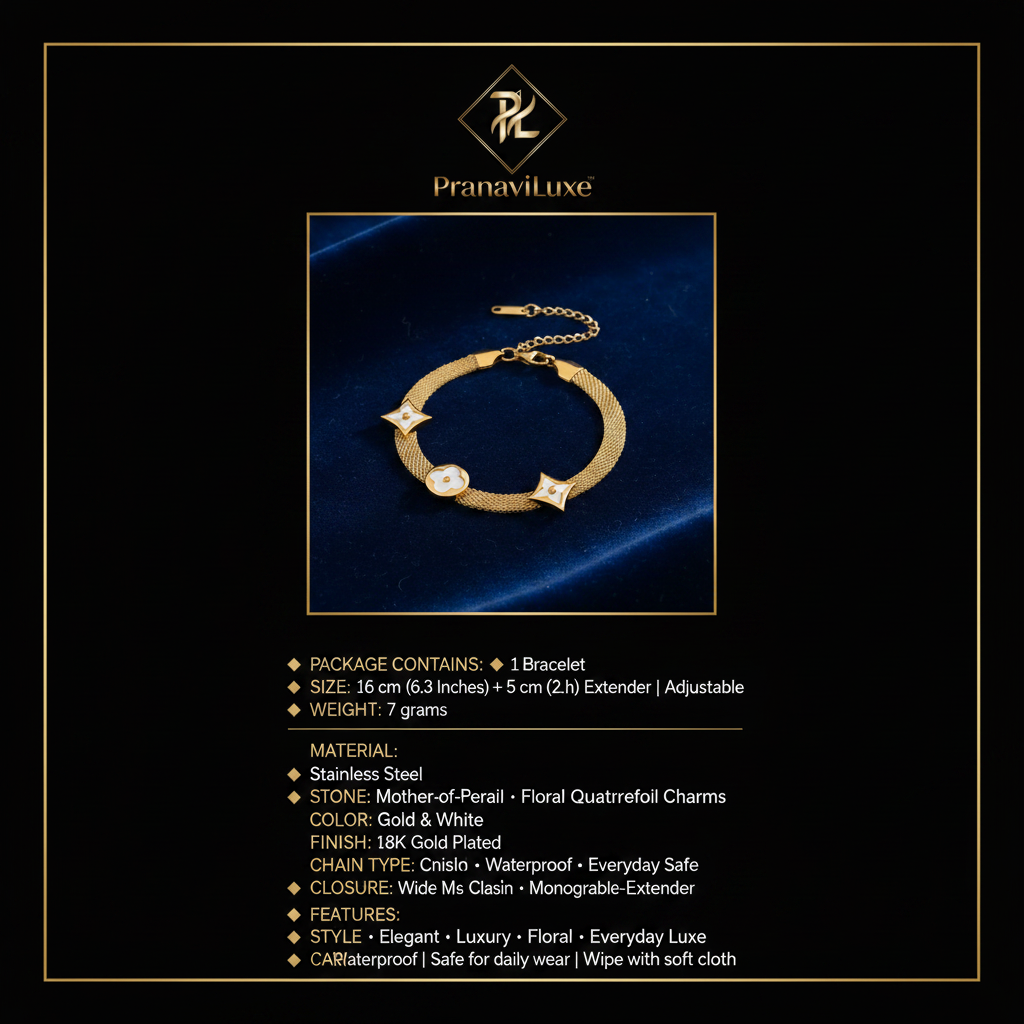 PranaviLuxe 18K Gold Mesh Bracelet Mother-of-Pearl Floral Quatrefoil Charms Infographic