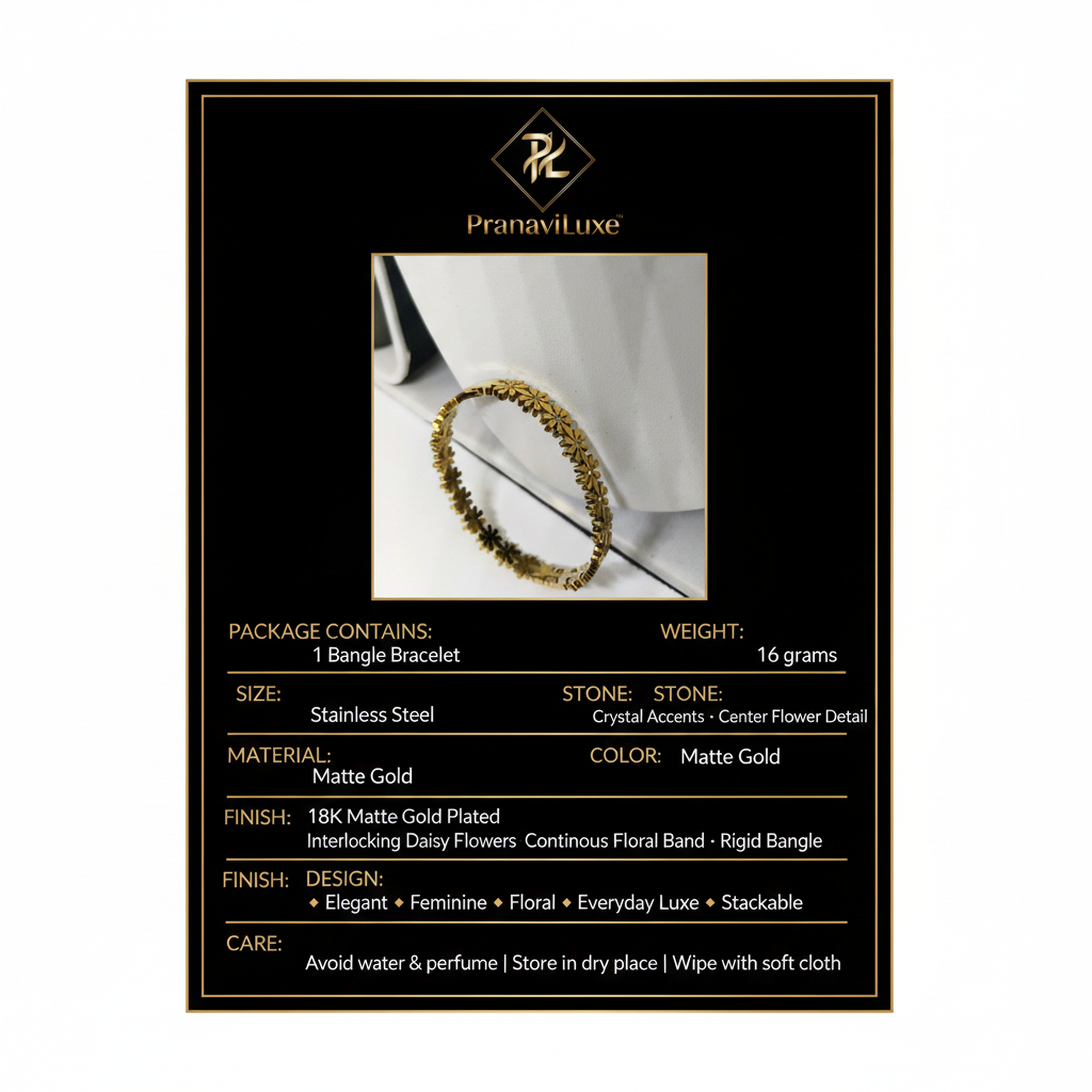 PranaviLuxe 18K Matte Gold Interlocking Daisy Floral Bangle Bracelet Infographic