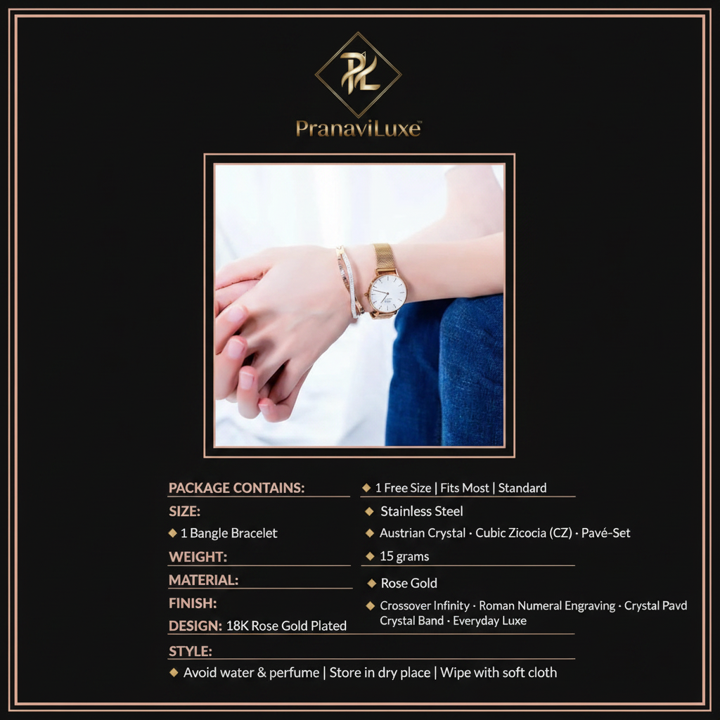 PranaviLuxe 18K Rose Gold Crossover Infinity Roman Numeral Crystal Pavé Bangle Bracelet Infographic
