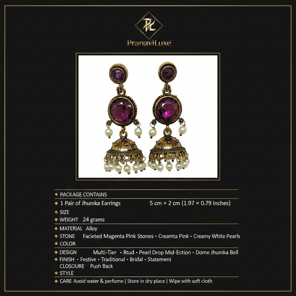 PranaviLuxe Antique Gold Magenta Pink Multi-Tier Pearl Drop Jhumka Earrings Infographic