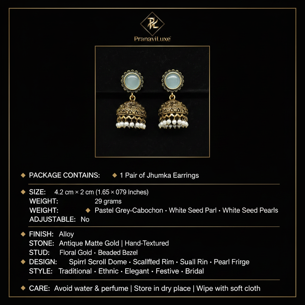 PranaviLuxe Antique Matte Gold Pastel Blue Spiral Scroll Dome Jhumka Pearl Fringe Earrings Infographic