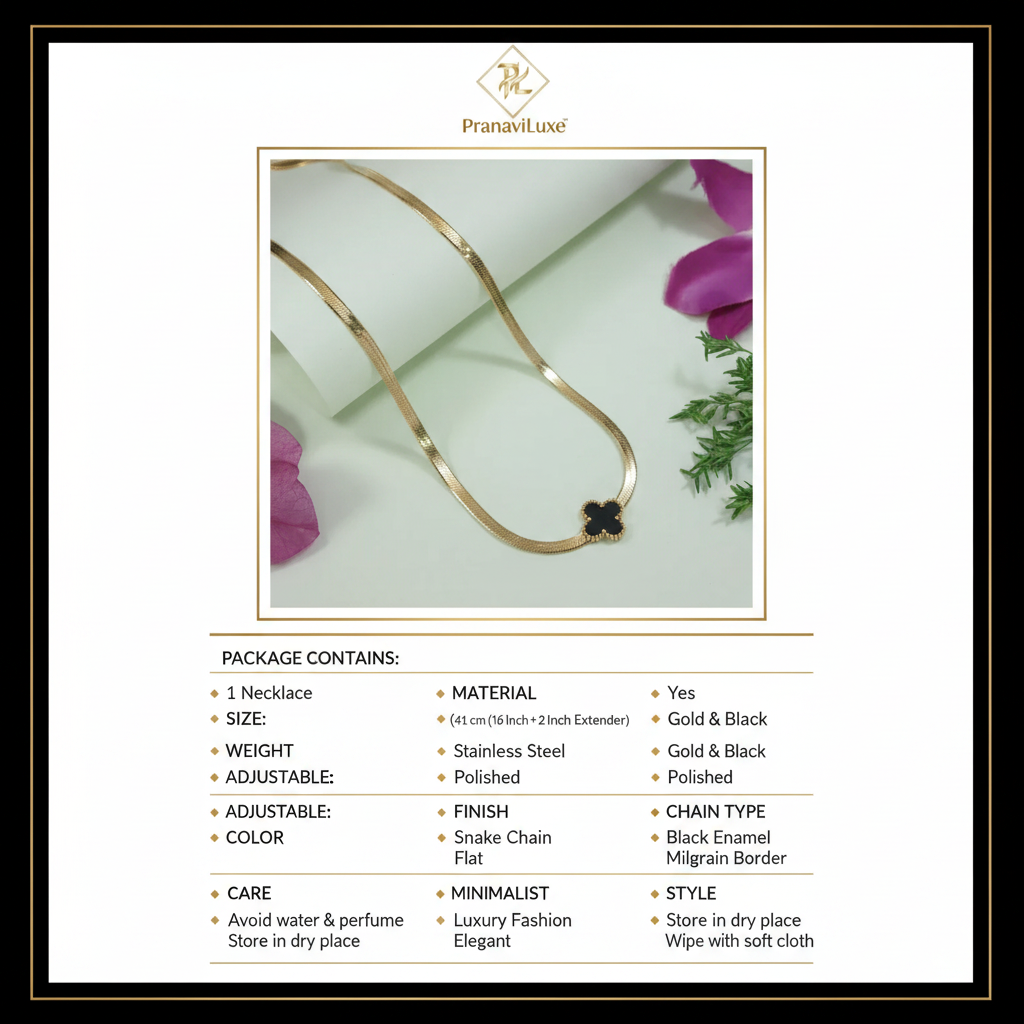 PranaviLuxe Black Clover Herringbone Snake Chain Necklace Infographic