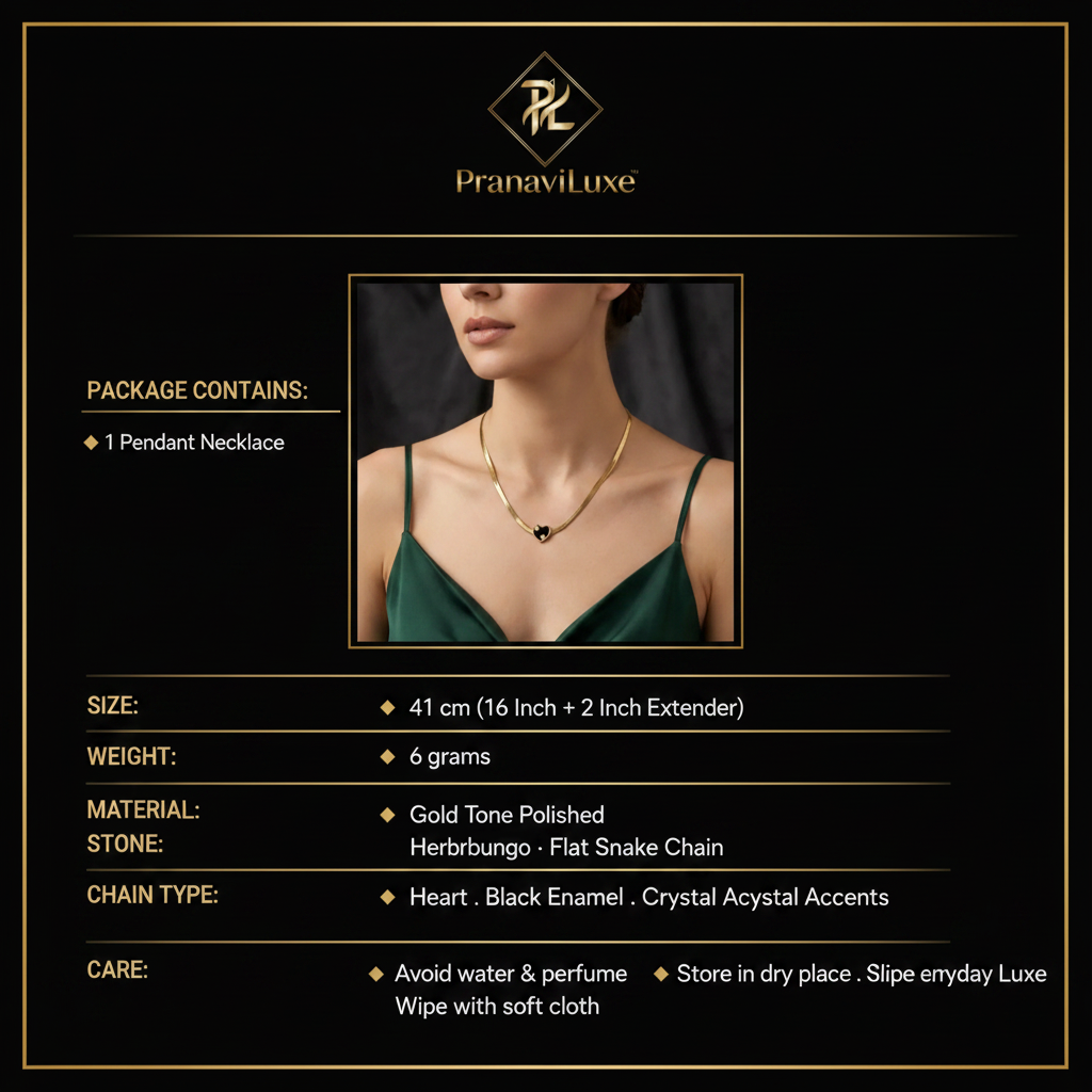 PranaviLuxe Black Heart Crystal Herringbone Necklace Infographic