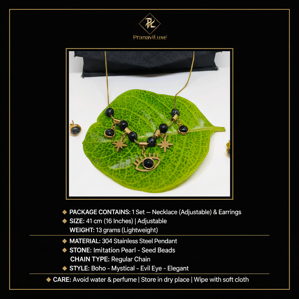 PranaviLuxe Black Onyx Evil Eye Necklace Set Infographic with Specs