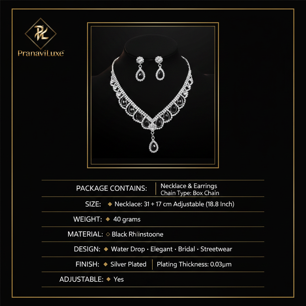 PranaviLuxe Black Rhinestone Jewelry Set Infographic with Logo