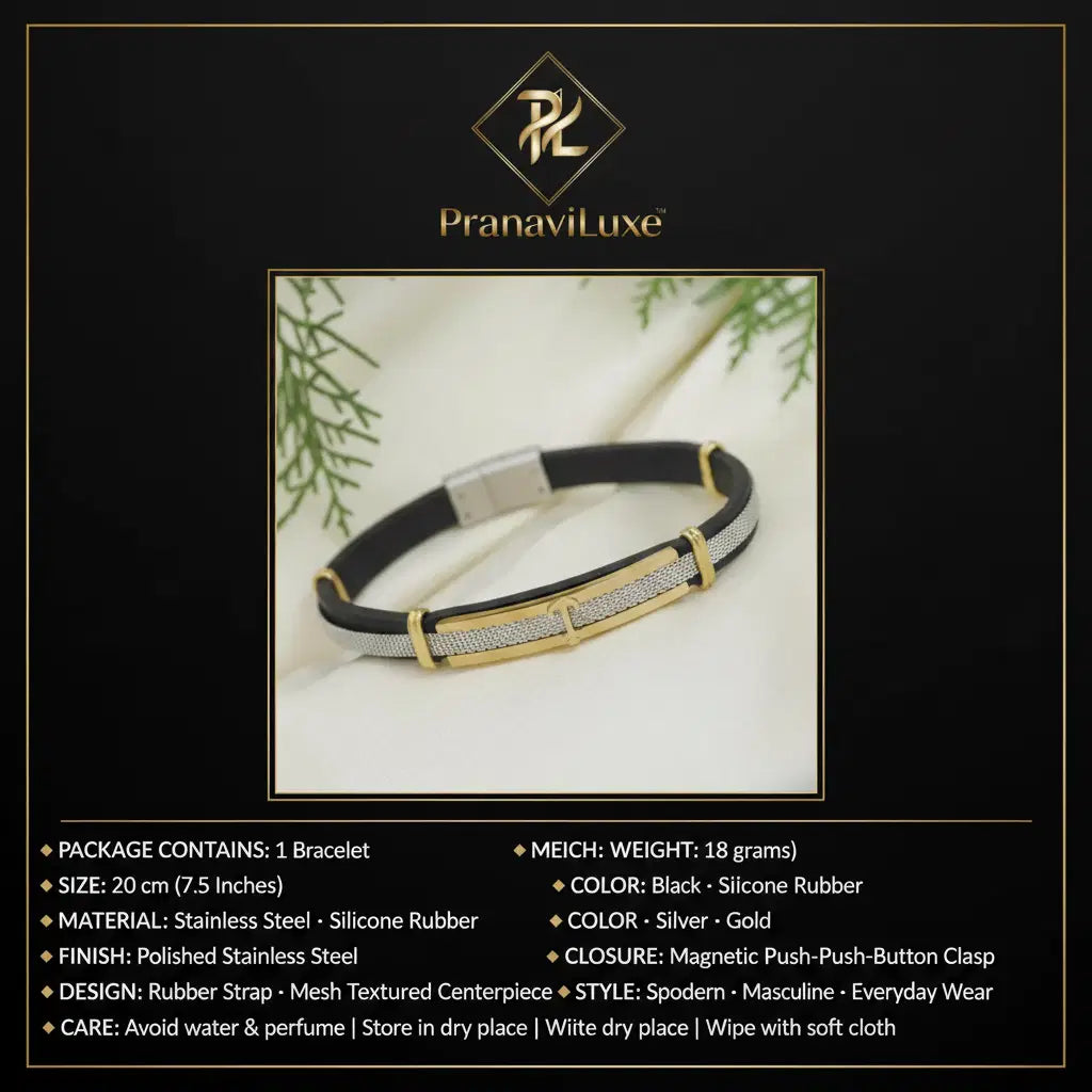 PranaviLuxe Black Rubber Strap Mesh Centerpiece Gold Accent Bracelet Infographic