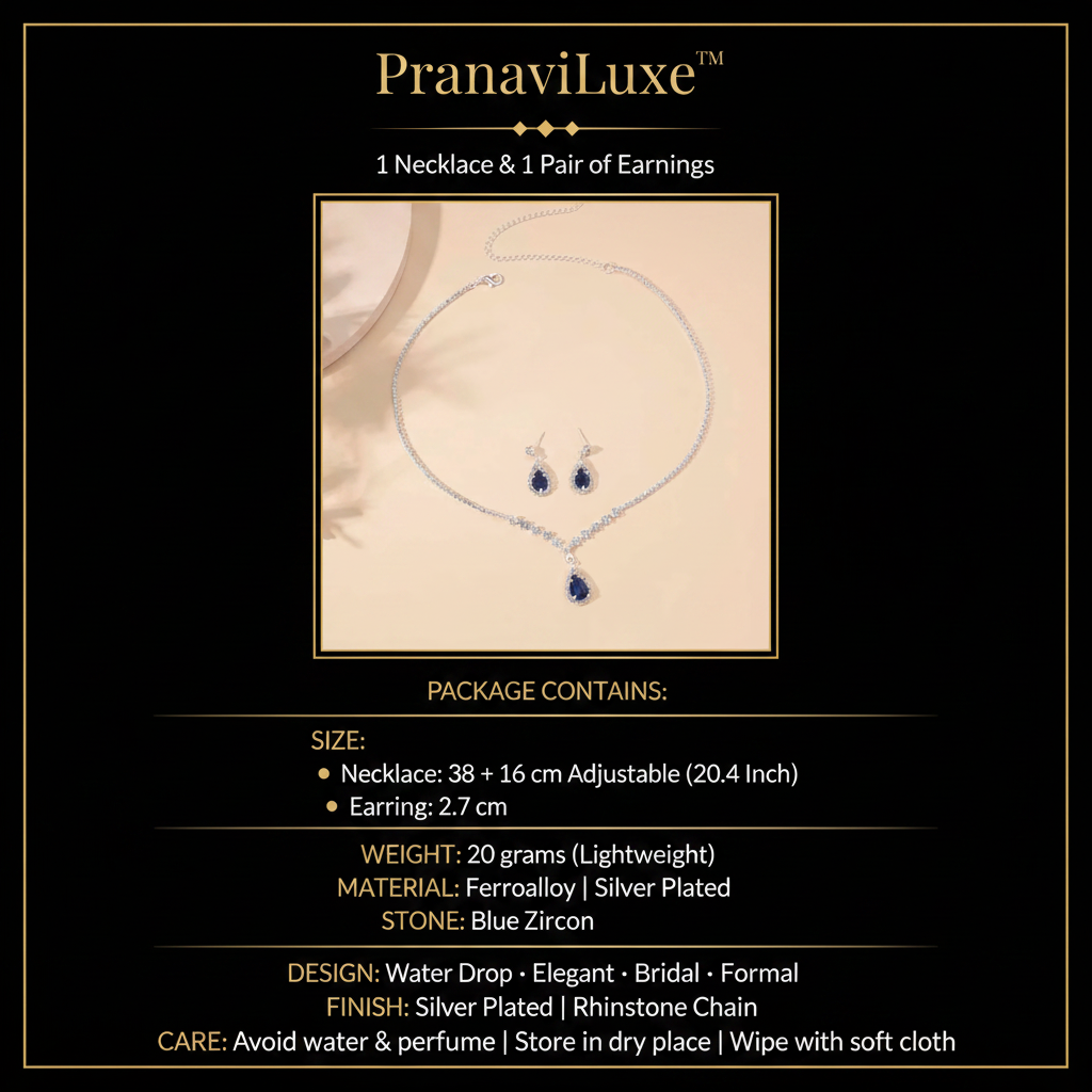 PranaviLuxe Blue Zircon Necklace Earrings Set Infographic