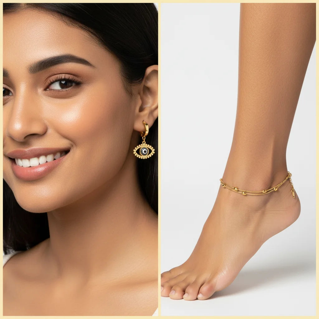 A split image showing a woman wearing a gold eye-shaped drop earring on her ear and a model's foot wearing a matching gold anklet on her ankle, set against a clean white background with a beige border.