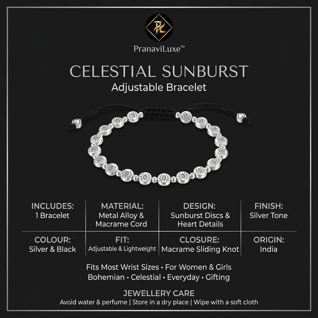 Silver Sun & Heart Accent Macrame Sliding Cord Bracelet