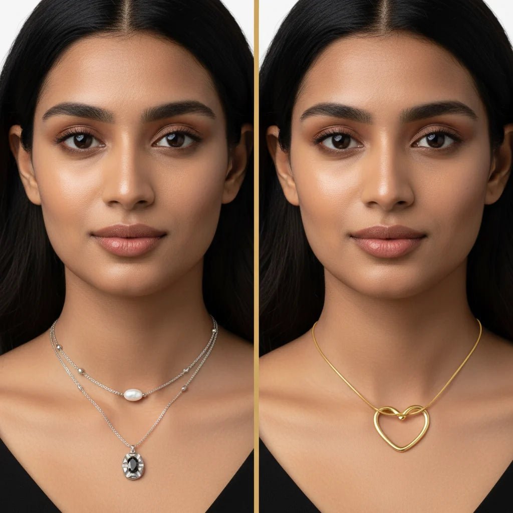 A split-screen portrait of a woman modeling two delicate necklaces. The left necklace is silver with a small white oval stone and a dark teardrop pendant.