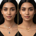 A split-screen portrait of a woman modeling two delicate necklaces. The left necklace is silver with a small white oval stone and a dark teardrop pendant.