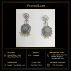 A pair of oxidized silver statement earrings with grey stone accents and pearl-like dangling details, shown on a white background within a black branded card. The card includes the brand name PranaviLuxe and product details such as material, weight, dimensions, care instructions, and package contents.