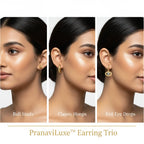 Three gold-tone earring designs displayed on a white background with labels: classic hoop earrings, evil eye drop earrings