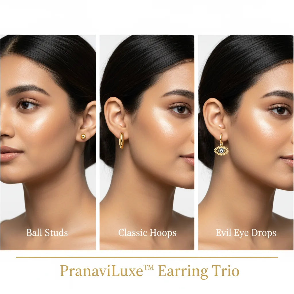 Three gold-tone earring designs displayed on a white background with labels: classic hoop earrings, evil eye drop earrings