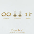 Three gold-tone earring designs displayed on a white background with labels: classic hoop earrings, evil eye drop earrings, and ball stud earrings. Brand text 'PranaviLuxe' appears at the bottom.