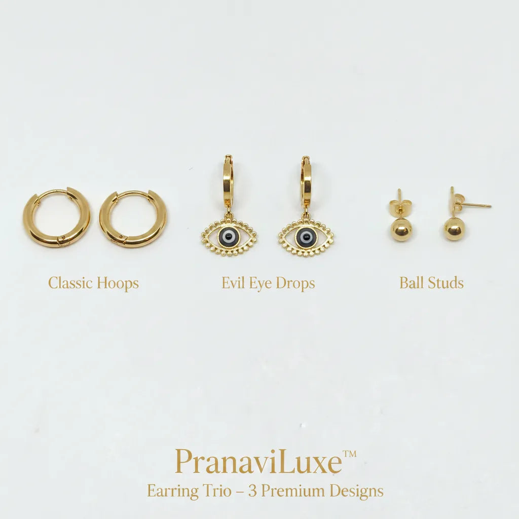 Three gold-tone earring designs displayed on a white background with labels: classic hoop earrings, evil eye drop earrings, and ball stud earrings. Brand text 'PranaviLuxe' appears at the bottom.