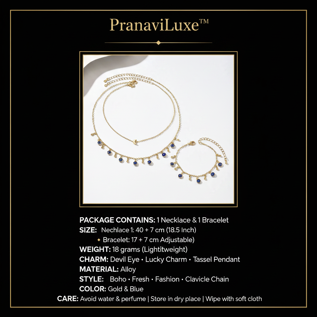 PranaviLuxe Evil Eye Necklace Bracelet Set Infographic