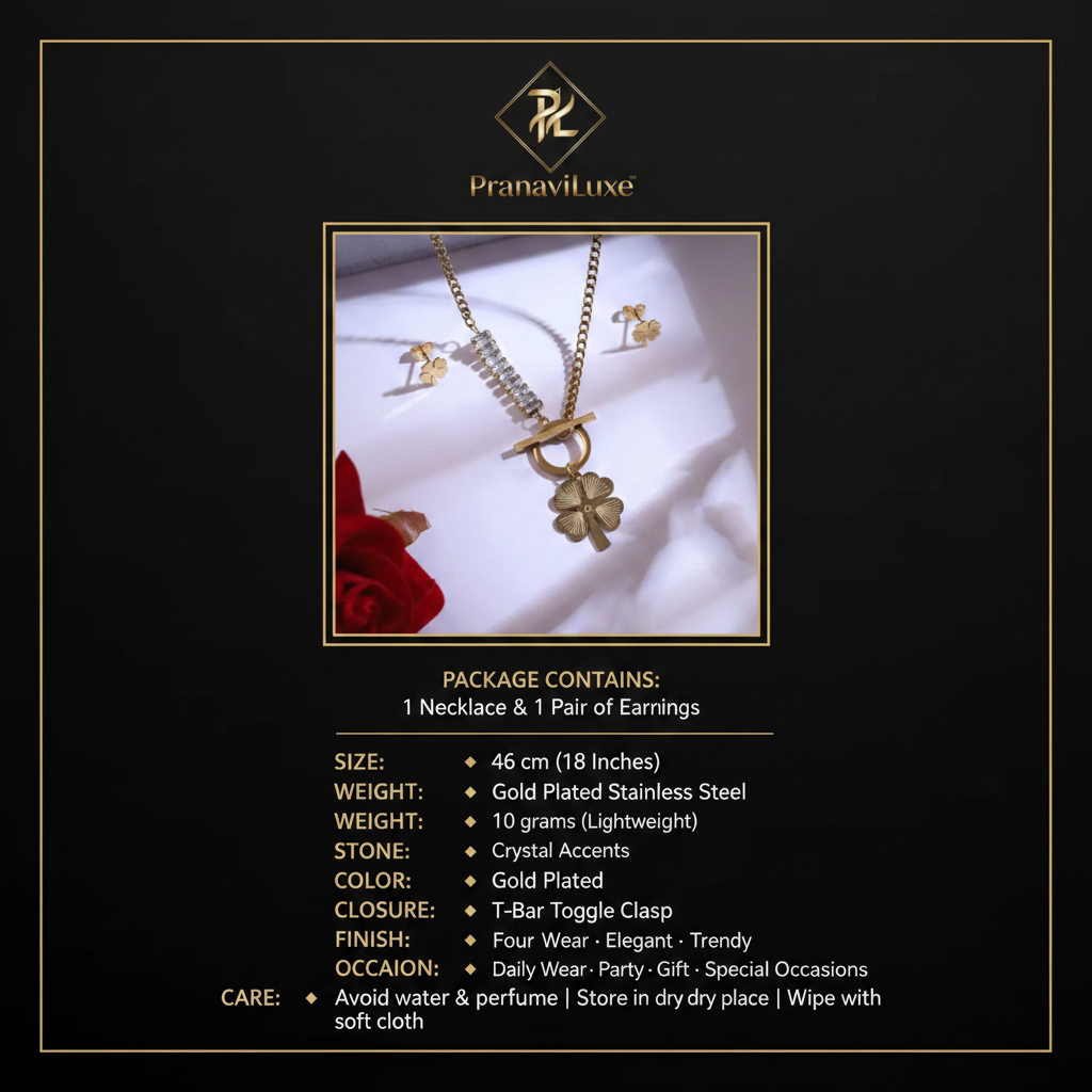 PranaviLuxe Four-Leaf Clover Crystal Bar Necklace Set Infographic
