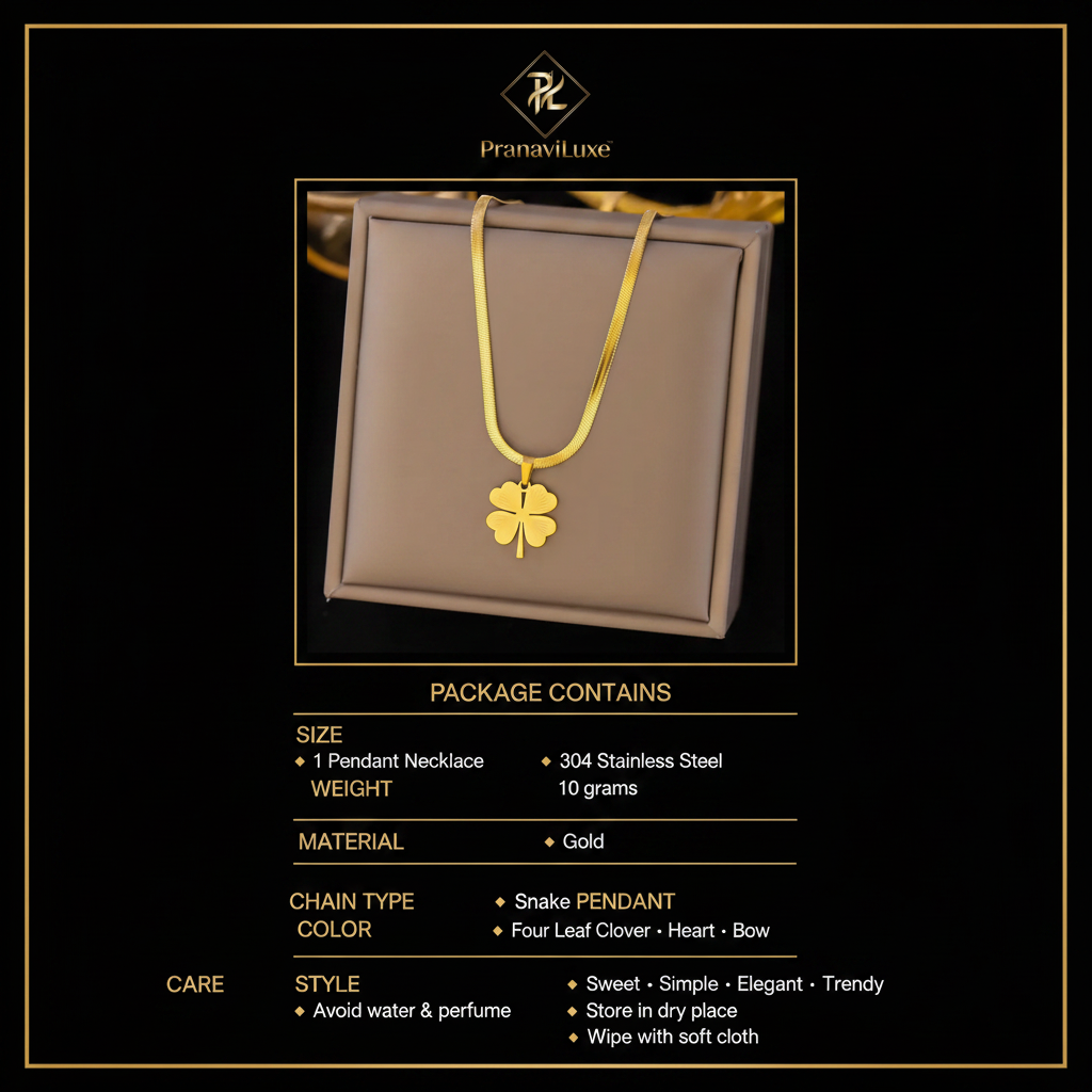 PranaviLuxe Four Leaf Clover Heart Pendant Necklace Infographic