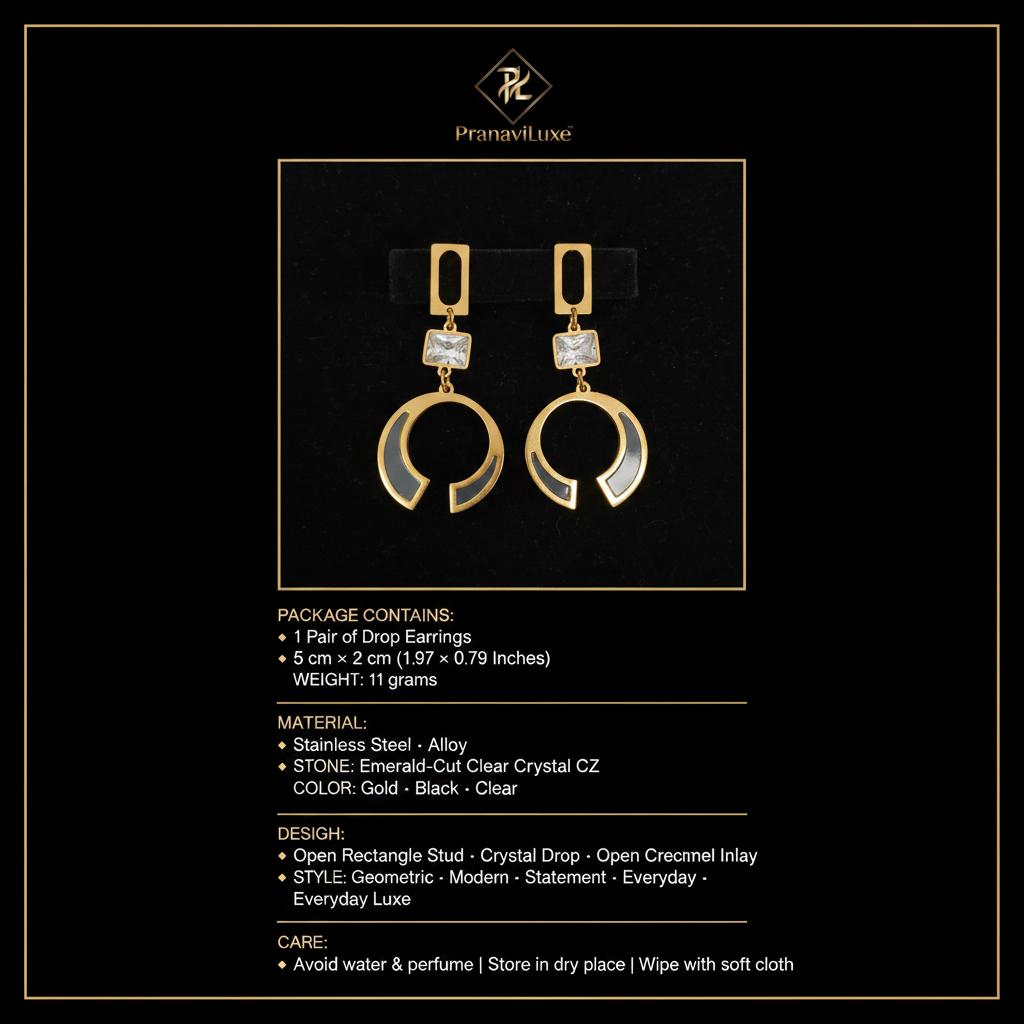 PranaviLuxe Gold Black Enamel Geometric Crystal Drop Open Crescent Earrings Infographic