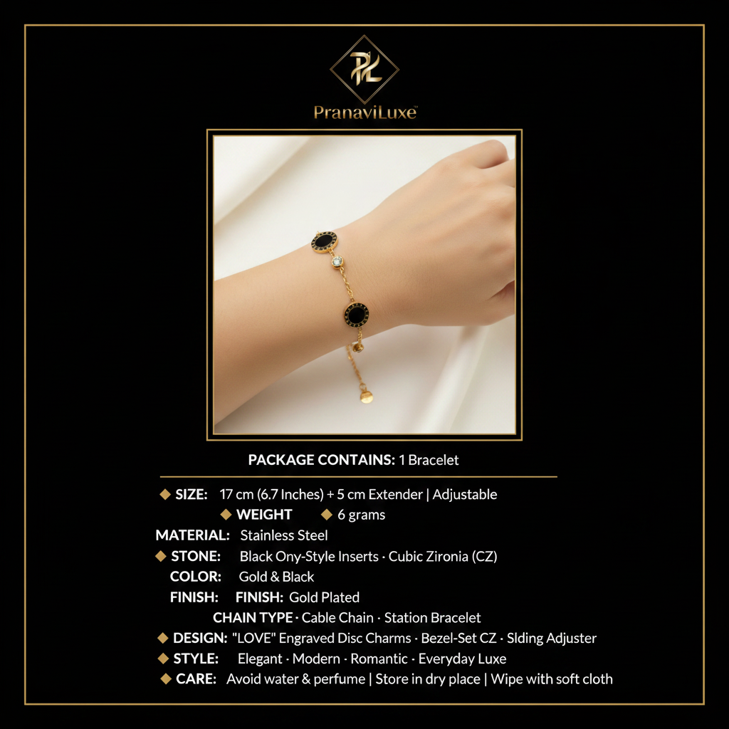 PranaviLuxe Gold Black LOVE Engraved Station CZ Bracelet Worn on Wrist Infographic