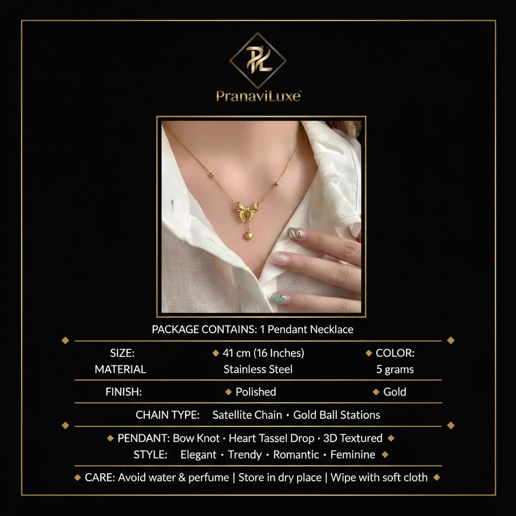PranaviLuxe Gold Bow Knot Heart Tassel Pendant Necklace Infographic