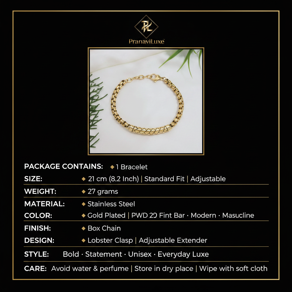 PranaviLuxe Gold Box Chain Textured Tube Bracelet Infographic