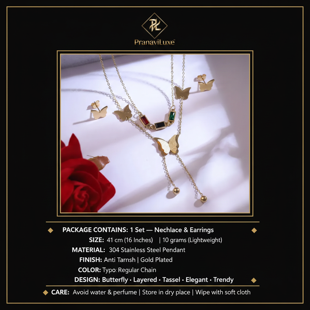 PranaviLuxe Gold Butterfly Layered Necklace Set Infographic