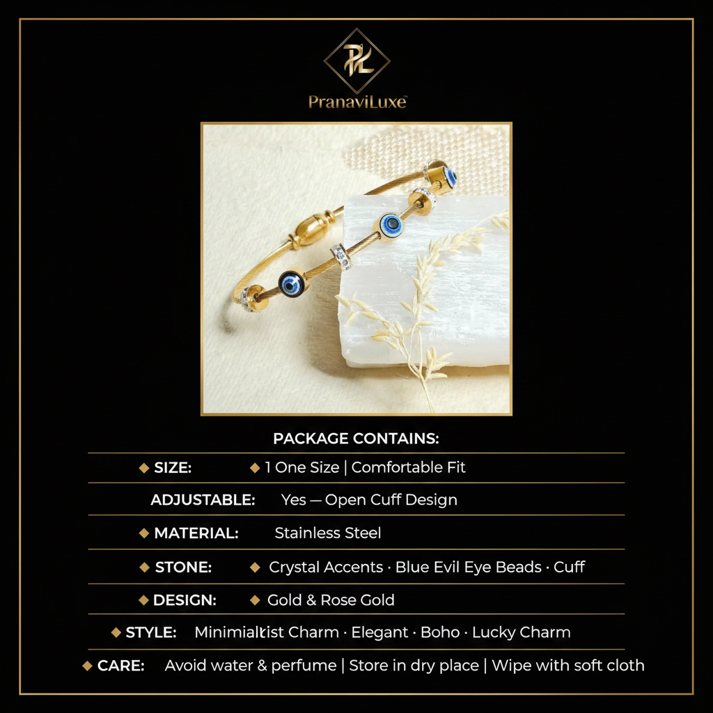 PranaviLuxe Gold Evil Eye Cuff Bracelet Infographic