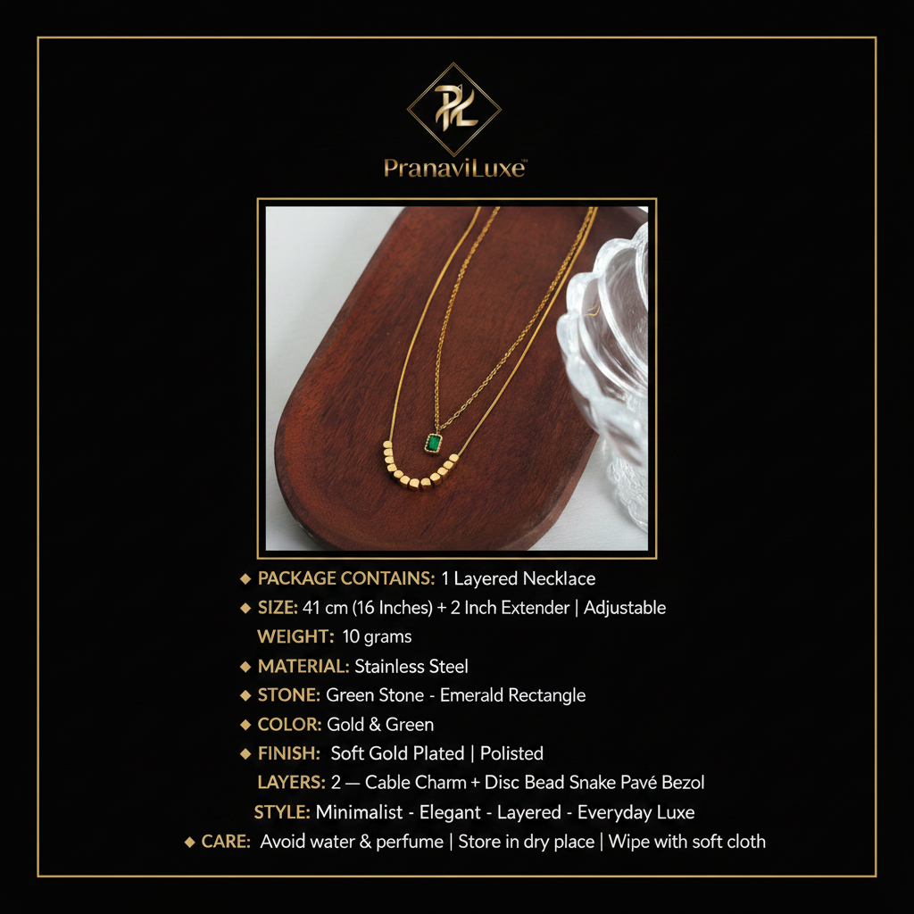 PranaviLuxe Gold Green Stone Layered Necklace Infographic