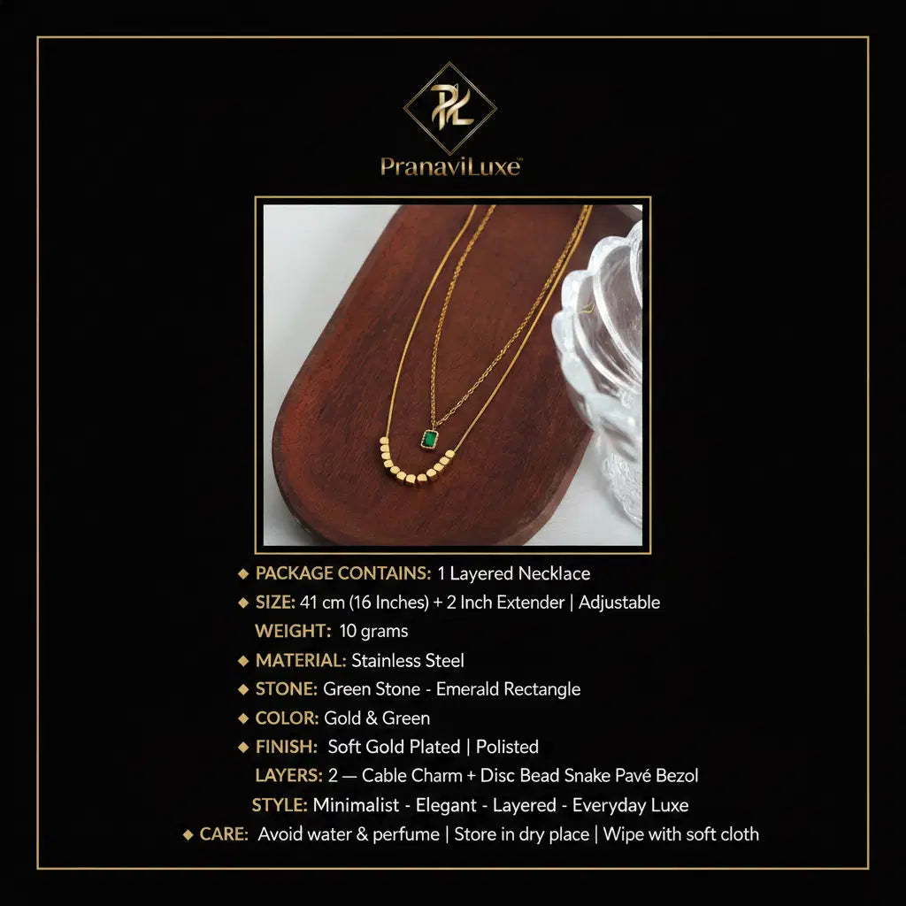 PranaviLuxe Gold Green Stone Layered Necklace Infographic