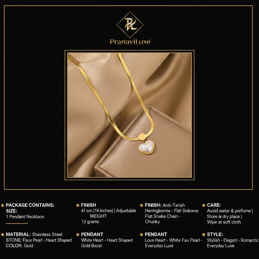 PranaviLuxe Gold Heart Pearl Herringbone Snake Chain Necklace Infographic