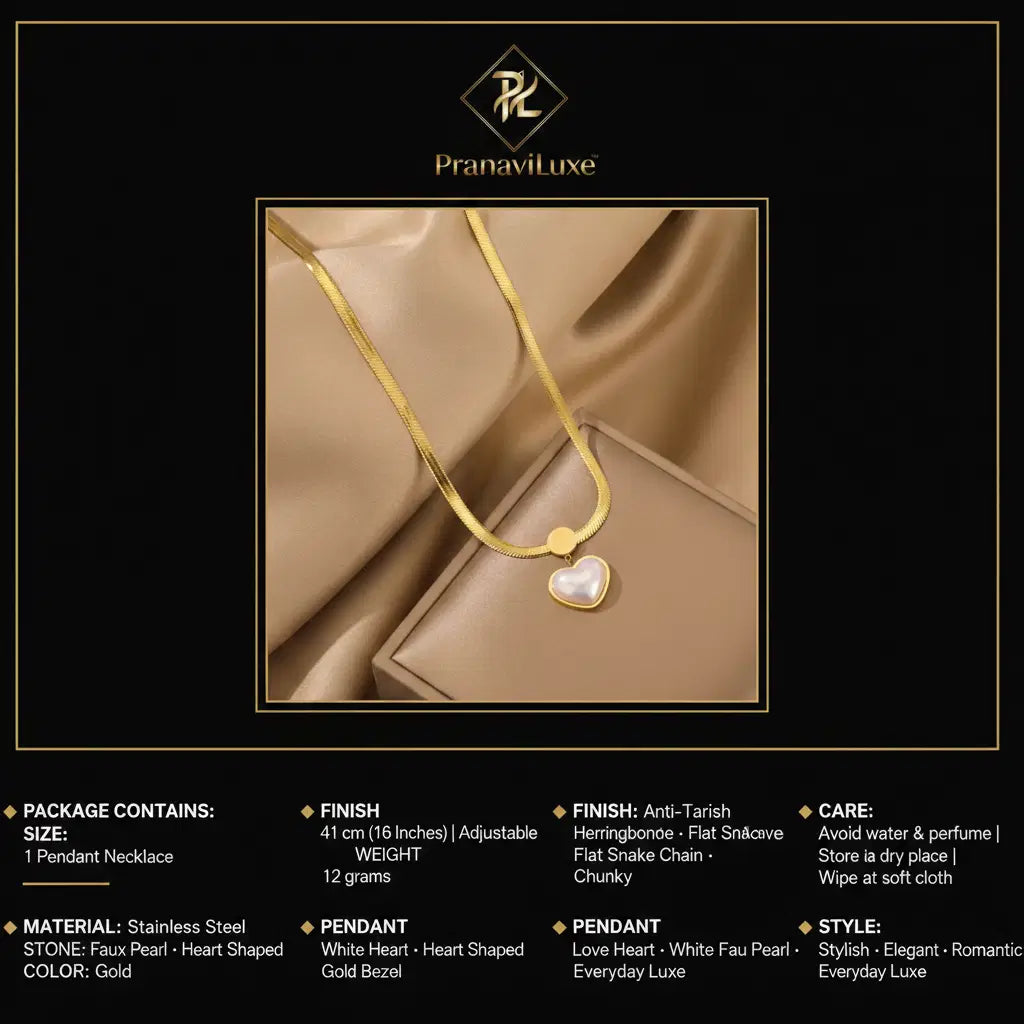 PranaviLuxe Gold Heart Pearl Herringbone Snake Chain Necklace Infographic