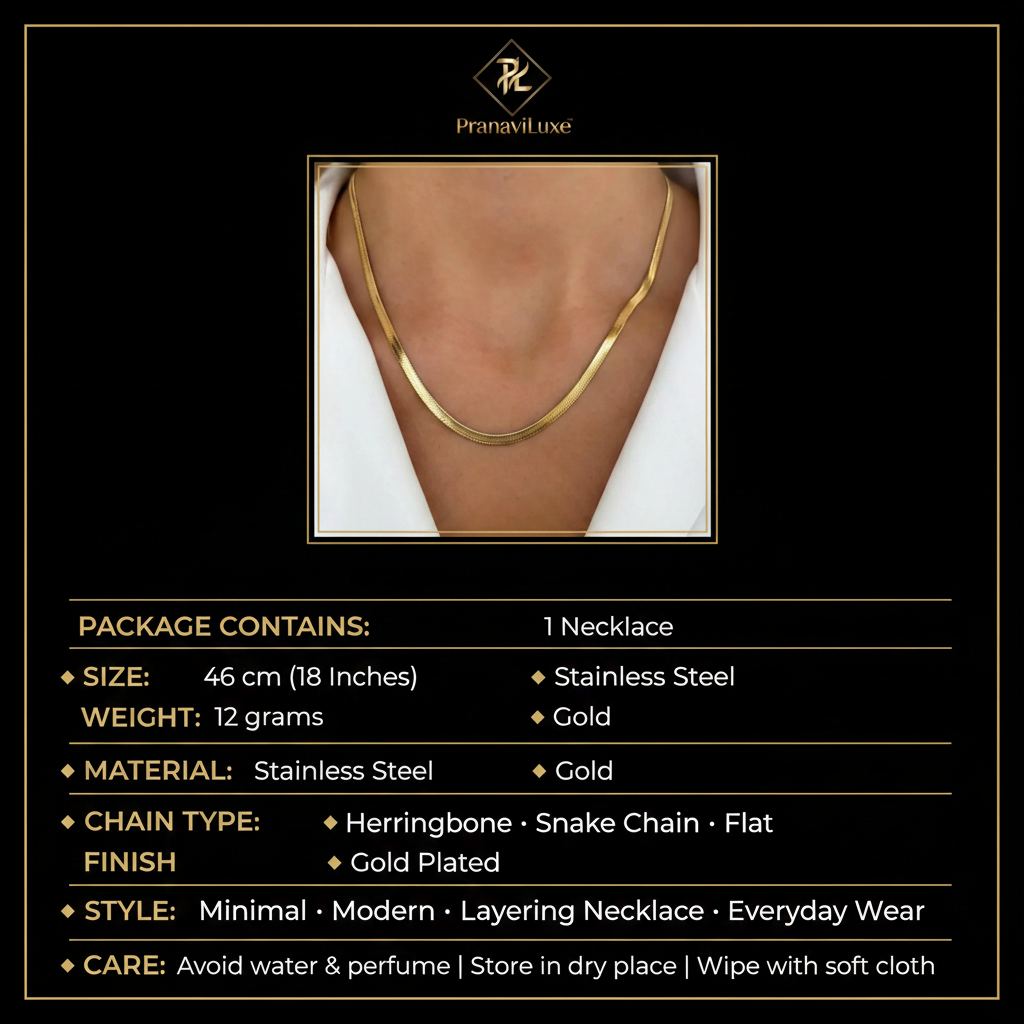 PranaviLuxe Gold Herringbone Snake Chain Necklace Infographic